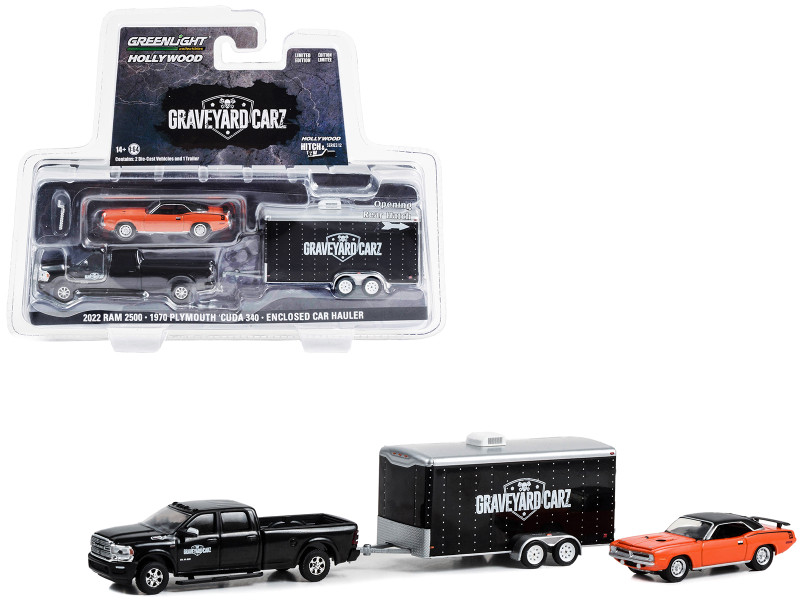 2022 Ram 2500 Pickup Truck Black and 1970 Plymouth Barracuda 340 Orange with Black Top with Enclosed Trailer Graveyard Carz 2012 Current TV Series Hollywood Hitch & Tow Series 12 1/64 Diecast Model Cars Greenlight 31160B