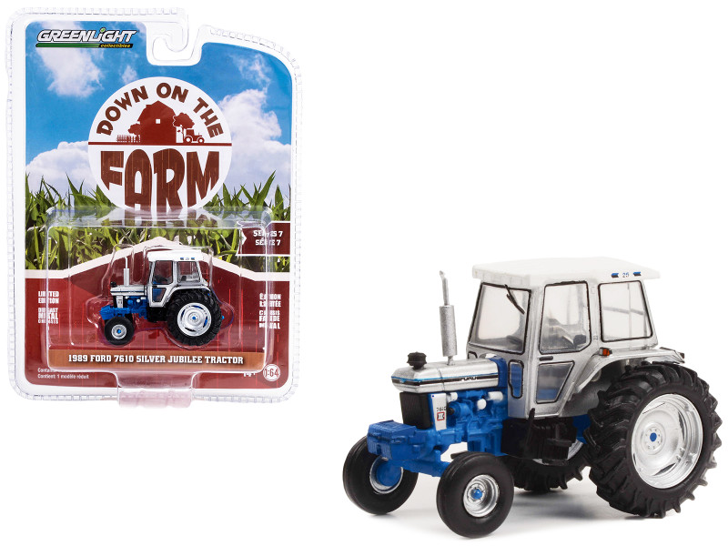 1989 Ford 7610 Silver Jubilee Tractor Silver and Blue with White Top Down on the Farm Series 7 1/64 Diecast Model Cars Greenlight 48070E