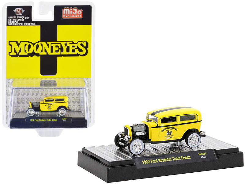 1932 Ford Roadster Tudor Sedan Yellow with Black Stripes Mooneyes Limited Edition to 3300 pieces Worldwide 1/64 Diecast Model Car M2 Machines 31500-MJS57