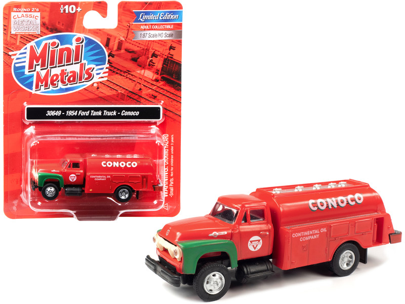 1954 Ford Tanker Truck Red and Green Conoco 1/87 (HO) Scale Model Classic Metal Works 30649