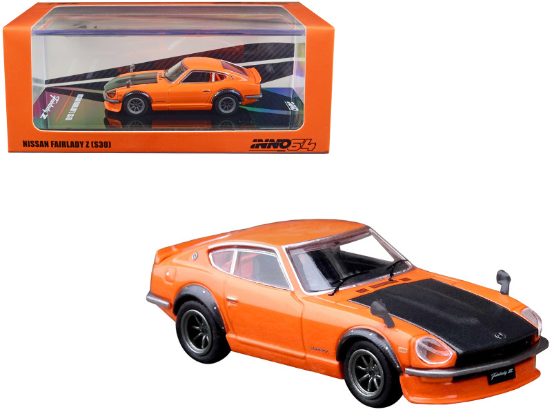 Nissan Fairlady Z S30 RHD Right Hand Drive Orange with Carbon Hood 1/64 Diecast Model Car Inno Models IN64-240Z-ORG