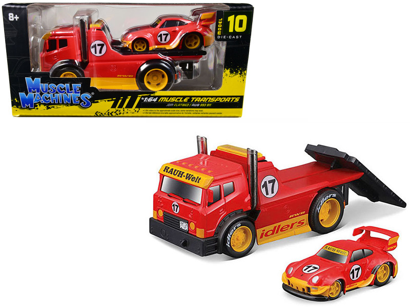 JDM Flatbed Truck #17 Red RAUH Welt BEGRIFF and Porsche RWB 911 993 #17 Red Muscle Transports Series 1/64 Diecast Models Muscle Machines 11543RD
