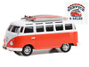 1964 Volkswagen Samba Bus Orange and White with Surfboards The Busted Knuckle Garage Service & Sales Busted Knuckle Garage Series 2 1/64 Diecast Model Car Greenlight 39120D