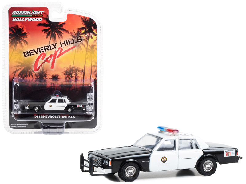 1981 Chevrolet Impala Police Black and White Beverly Hills Police Beverly Hills Cop 1984 Movie Hollywood Series Release 39 1/64 Diecast Model Car Greenlight 44990B