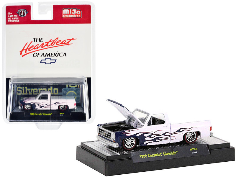 1980 Chevrolet Silverado Pickup Truck White with Blue Flames The Heartbeat of America Limited Edition to 6050 pieces Worldwide 1/64 Diecast Model Car M2 Machines 31500-MJS59