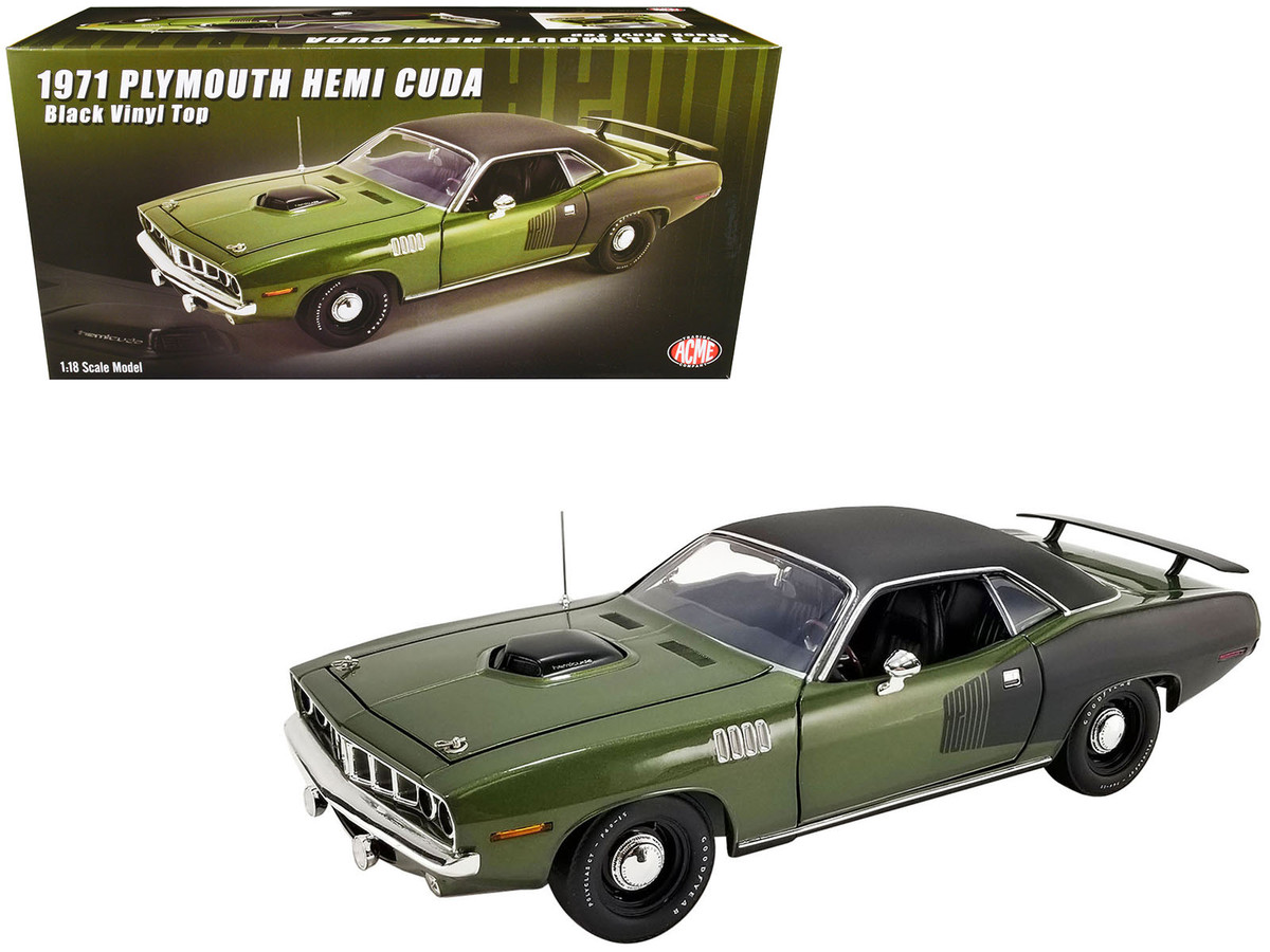 Diecast Model Cars wholesale toys dropshipper drop shipping 1971 Plymouth  Hemi Barracuda Ivy Green with Black Graphics and Black Vinyl Top Limited  Edition to 276 pieces Worldwide 1/18 ACME A1806132VT drop shipping