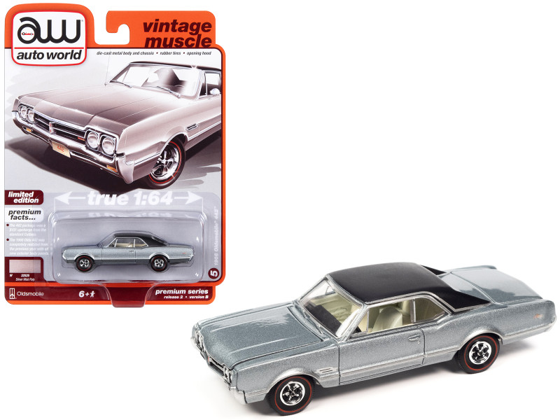 1966 Oldsmobile 442 Silver Mist Metallic with Black Top Vintage Muscle Limited Edition 1/64 Diecast Model Car Auto World 64402-AWSP132B