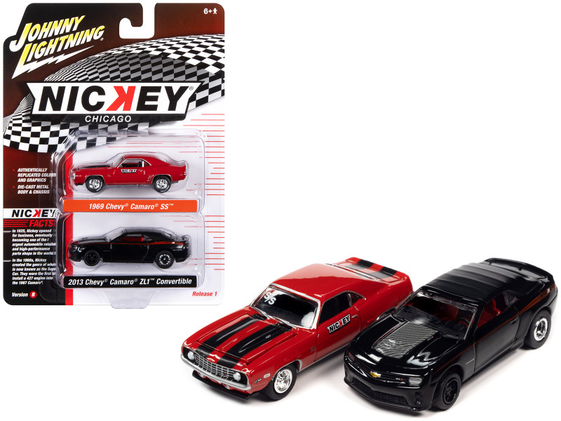 1969 Chevrolet Camaro SS Red with Black Stripes and 2013 Chevrolet Camaro ZL1 Convertible Black with Red Stripes and Interior Nickey Chicago Set of 2 Cars 2 Packs 2023 Release 1 1/64 Diecast Model Cars Johnny Lightning JLPK020-JLSP320B