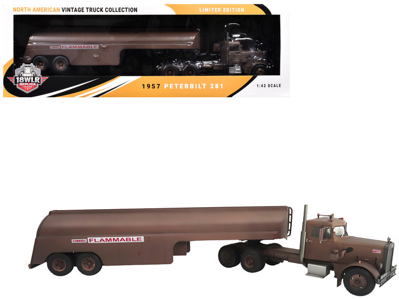 1955 Peterbilt 281 Needlenose Tractor with Tanker Trailer Brown Weathered Duel 1971 Movie 1/43 Diecast Model Big Rig Replicas 43-0430