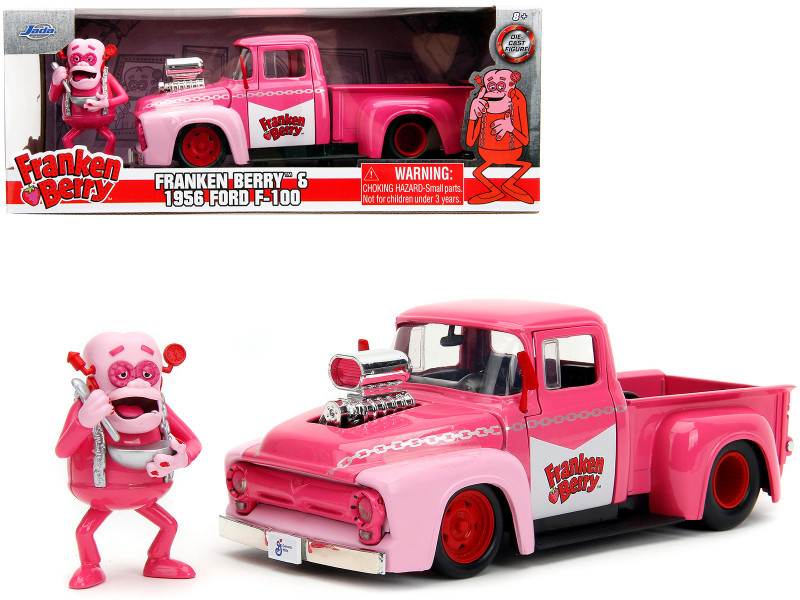 1956 Ford F 100 Pickup Truck Pink with Graphics and Franken Berry Diecast Figure Franken Berry Hollywood Rides Series 1/24 Diecast Model Car Jada 32025