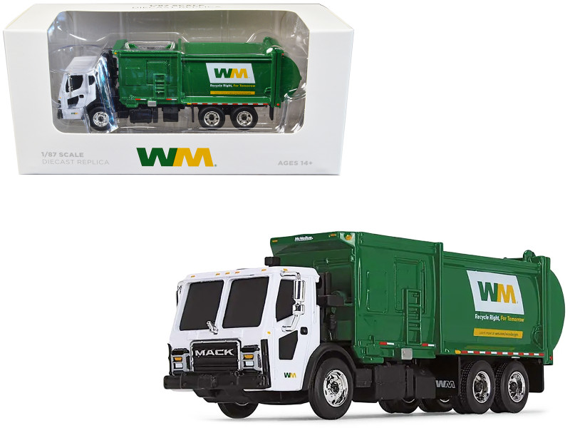 Mack LR Refuse Garbage Truck with McNeilus ZR Side Loader Waste Management White and Green 1/87 HO Diecast Model First Gear 80-0355D