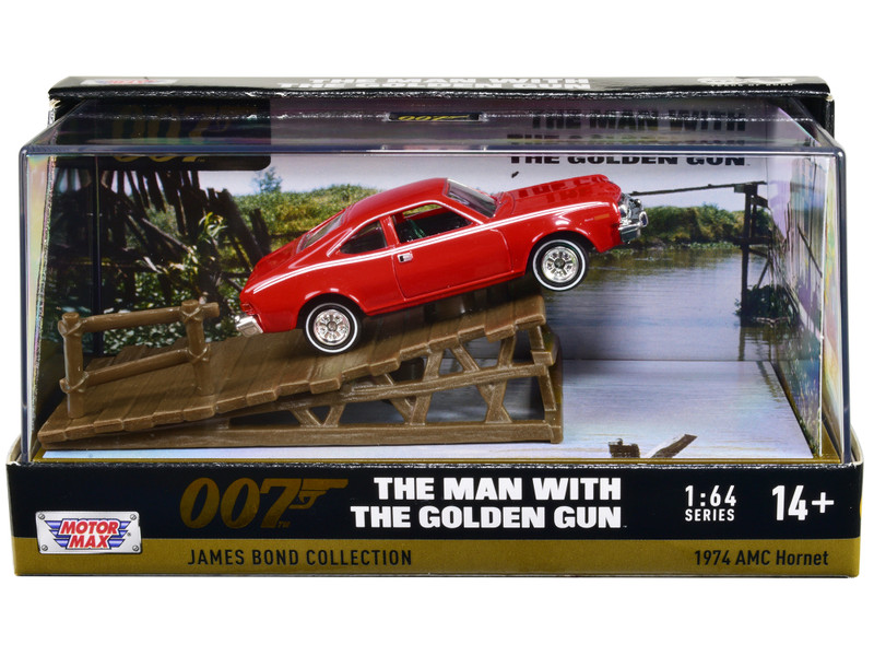1974 AMC Hornet Red with White Stripes James Bond 007 The Man with the Golden Gun 1974 Movie with Display 1/64 Diecast Model Car Motormax 79822