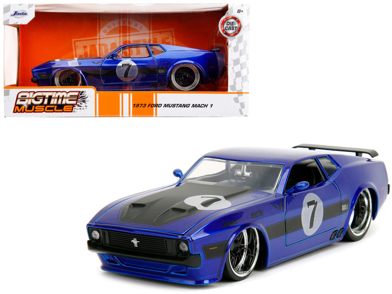 1973 Ford Mustang Mach 1 #7 Candy Blue Metallic with Black Stripes and Hood Bigtime Muscle Series 1/24 Diecast Model Car Jada 34261