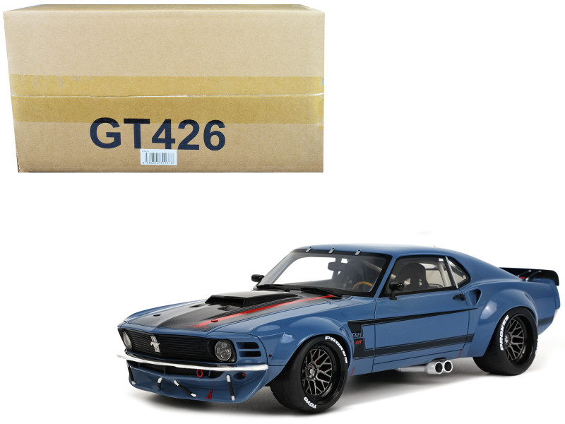 1970 Ford Mustang Blue with Black Hood and Stripes By Ruffian Cars 1/18 Model Car GT Spirit GT426
