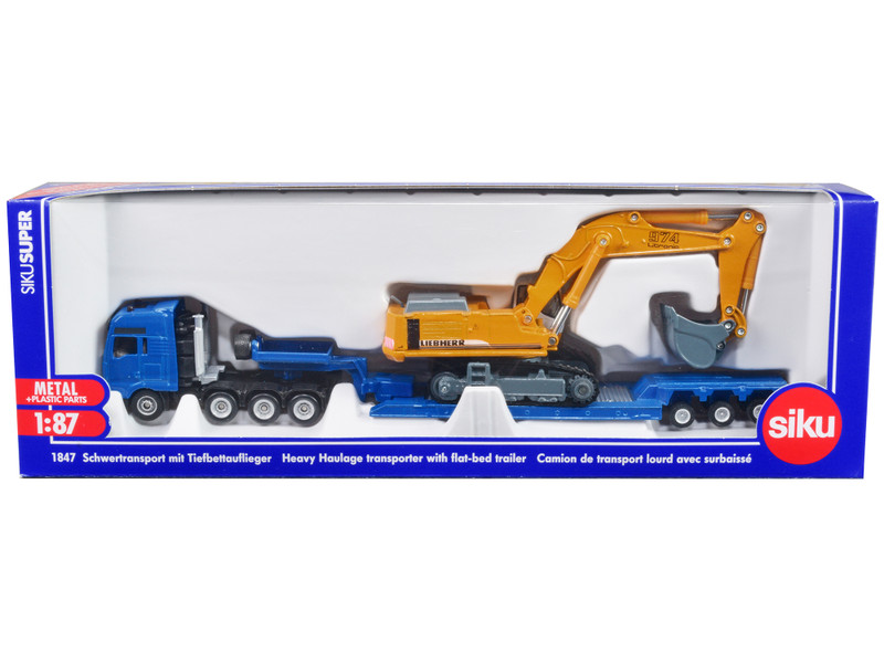 Heavy Haulage Flatbed Transporter Blue and Liebherr 974 Litronic Excavator Yellow 1/87 HO Diecast Models Siku SK1847