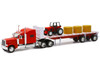 Peterbilt 389 Flatbed Truck Red with Farm Tractor Red and Hay Bales Long Haul Trucker Series 1/32 Diecast Model New Ray 10293A