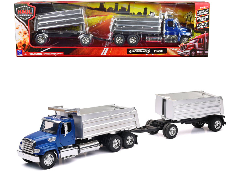 Freightliner 114SD Dump Truck with Twin Dump Body Blue Long Haul Trucker Series 1/32 Diecast Model New Ray 10973