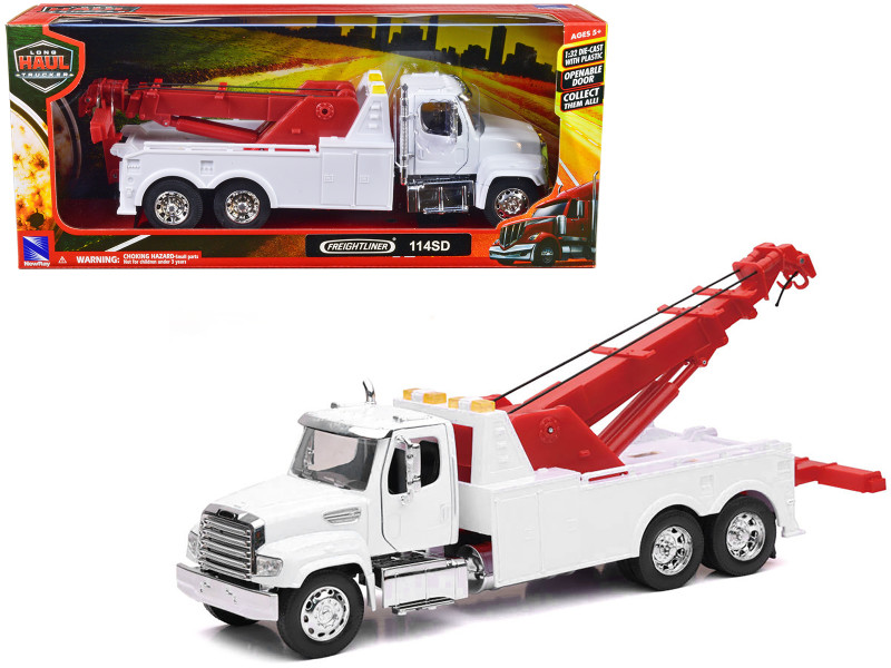 Freightliner 114SD Tow Truck White and Red Long Haul Trucker Series 1/32 Diecast Model New Ray 11023