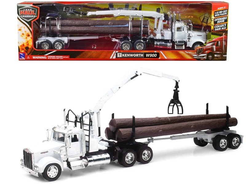 Kenworth W900 Log Hauler with Grabber White with Log Accessories Long Haul Trucker Series 1/32 Diecast Model New Ray 13743B