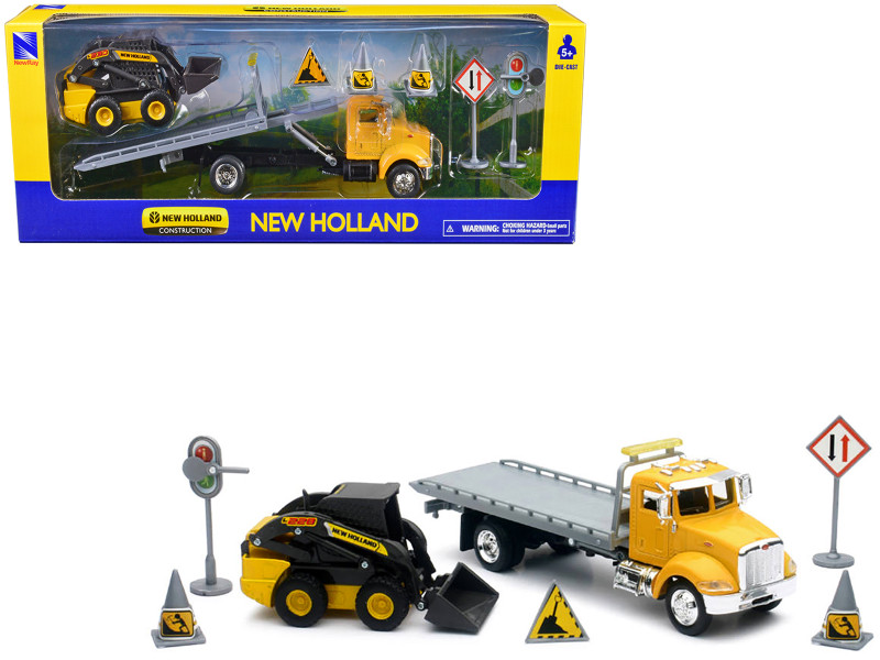 Peterbilt Roll Off Flatbed Truck Yellow and New Holland L228 Skid Steer Yellow with Road Signs New Holland Construction Series 1/43 Diecast Model New Ray 16173