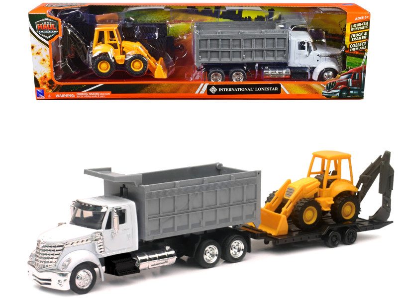 International Lonestar Dump Truck White and Wheel Loader Yellow with Flatbed Trailer Long Haul Truckers Series 1/43 Diecast Model New Ray 16633A
