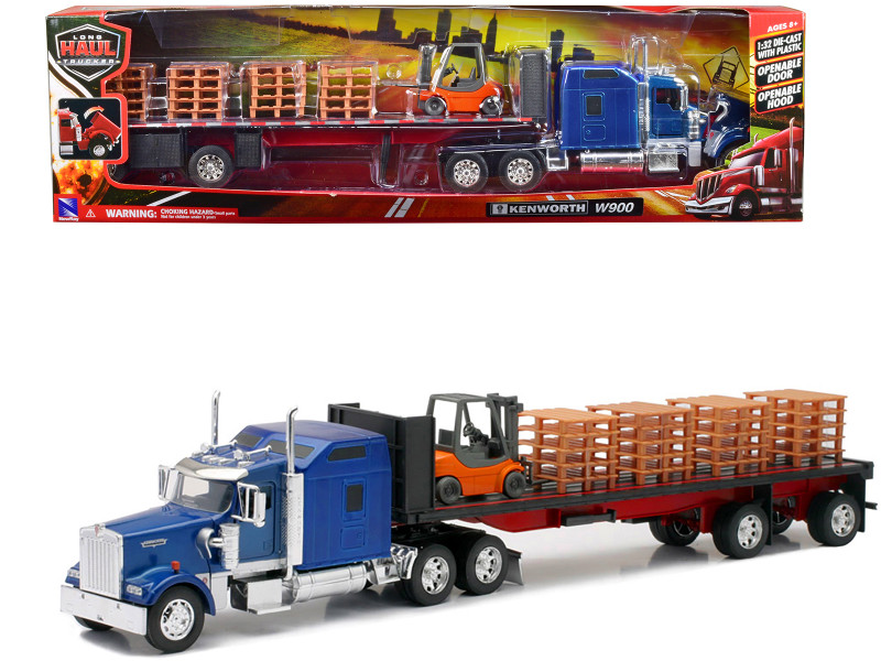 Kenworth W900 Truck with Flatbed Trailer Blue with Forklift and Pallets Long Haul Truckers Series 1/32 Diecast Model New Ray SS-10263A