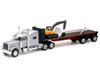 Peterbilt 389 Truck with Flatbed Trailer Silver Metallic with Excavator and Wind Turbine Long Haul Truckers Series 1/32 Diecast Model New Ray SS-10333B