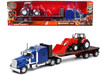 Kenworth W900 Truck with Flatbed Trailer Blue Metallic with Farm Tractor Red Long Haul Truckers Series 1/32 Diecast Model New Ray SS-10373A