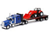 Kenworth W900 Truck with Flatbed Trailer Blue Metallic with Farm Tractor Red Long Haul Truckers Series 1/32 Diecast Model New Ray SS-10373A