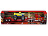Peterbilt 379 Truck with Lowboy Trailer Red with Orange Flames and Monster Truck Yellow with Blue Flames Long Haul Truckers Series 1/32 Diecast Model New Ray SS-11263A