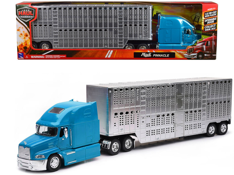 Mack Pinnacle Truck with Pot Belly Livestock Trailer Blue and Chrome Long Haul Truckers Series 1/32 Diecast Model New Ray SS-12853C