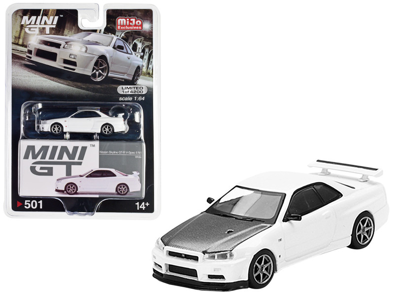 Nissan Skyline GT R R34 V Spec II N1 RHD Right Hand Drive White with Carbon Hood Limited Edition to 4200 pieces Worldwide 1/64 Diecast Model Car True Scale Miniatures MGT00501