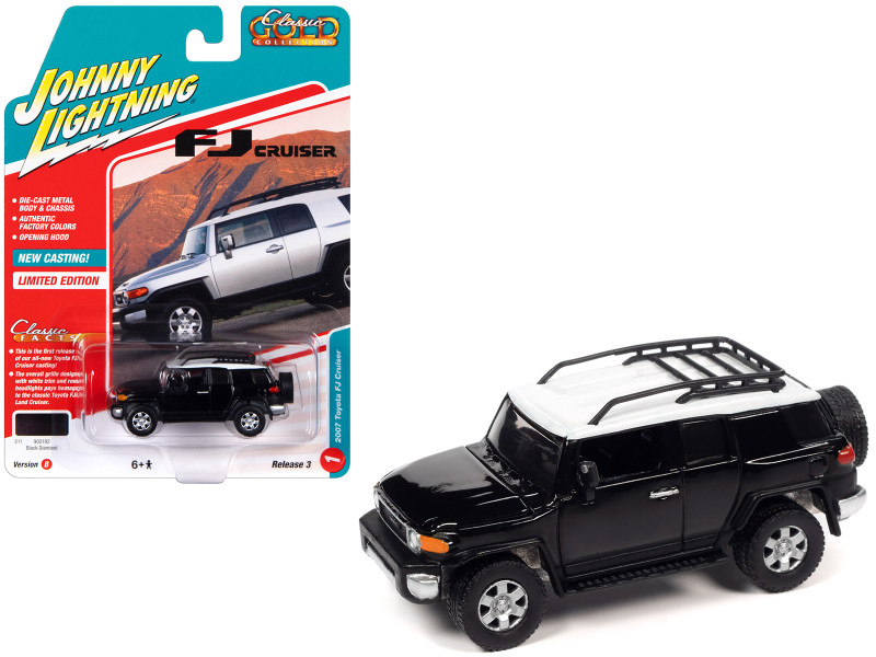 2007 Toyota FJ Cruiser Black Diamond with White Top and Roofrack Classic Gold Collection Series Limited Edition 1/64 Diecast Model Car Johnny Lightning JLCG030-JLSP278B