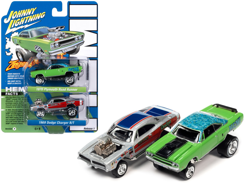 1970 Plymouth Road Runner HEMI Green with Blue Flower Top and Black Stripe and 1969 Dodge Charger R T Silver Metallic with Graphics Dick Landy Zingers Set of 2 Cars 2 Packs 2023 Release 1 1/64 Diecast Model Cars Johnny Lightning JLPK020-JLSP318B