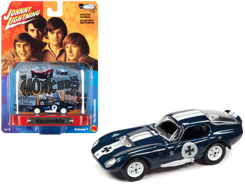 Shelby Cobra Daytona Klutzmobile Blue Metallic with White Stripes The Monkees with Collectible Tin Display Silver Screen Machines Series 1/64 Diecast Model Car Johnny Lightning JLDR018-JLSP334