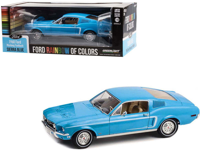 1968 Ford Mustang Fastback Sierra Blue Ford Rainbow Of Colors West Coast USA Special Edition Mustang 1/18 Diecast Car Model Greenlight 13640