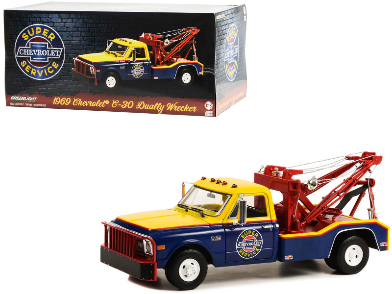 1969 Chevrolet C 30 Dually Wrecker Tow Truck Chevrolet Super Service Yellow and Blue 1/18 Diecast Car Model Greenlight 13653