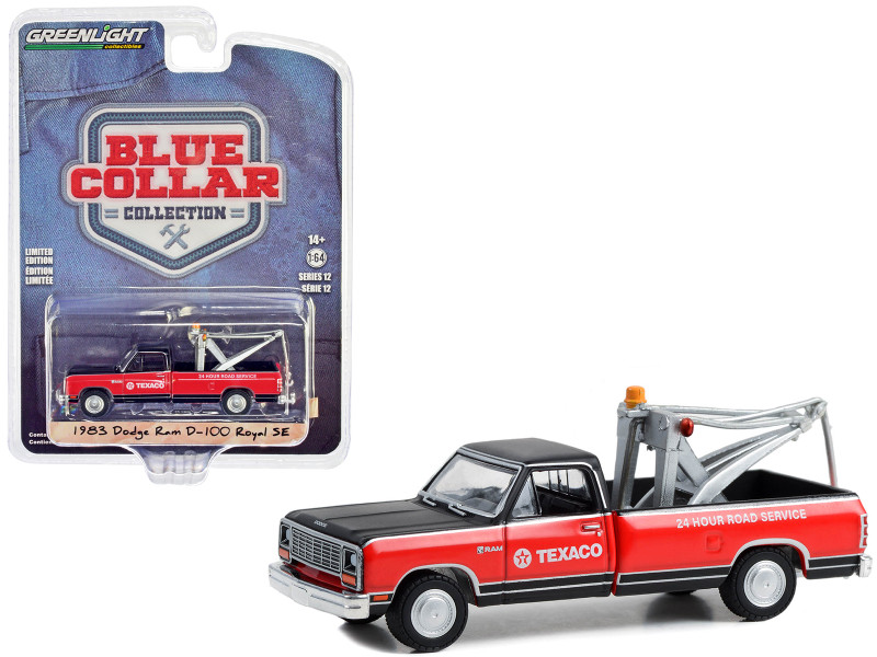 1983 Dodge Ram D 100 Royal SE Tow Truck Black and Red Texaco 24 Hour Service Blue Collar Collection Series 12 1/64 Diecast Model Car Greenlight 35260C