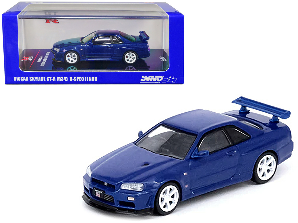 Nissan Skyline GT-R (R34) V-Spec II NUR RHD (Right Hand Drive) Bayside Blue  Metallic 1/64 Diecast Model Car by Inno Models