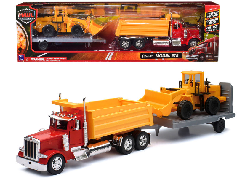 Peterbilt 379 Dump Truck Red and Wheel Loader Yellow with Flatbed Trailer Long Haul Truckers Series 1/32 Diecast Model New Ray SS-10673