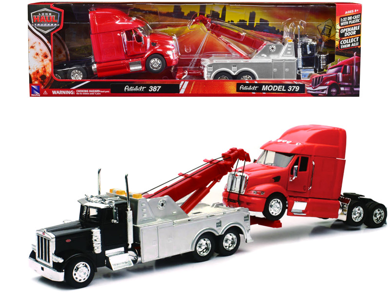 Peterbilt 379 Tow Truck Black with Peterbilt 387 Truck Tractor Red Set of 2 pieces 1/32 Diecast Model New Ray SS-12053A