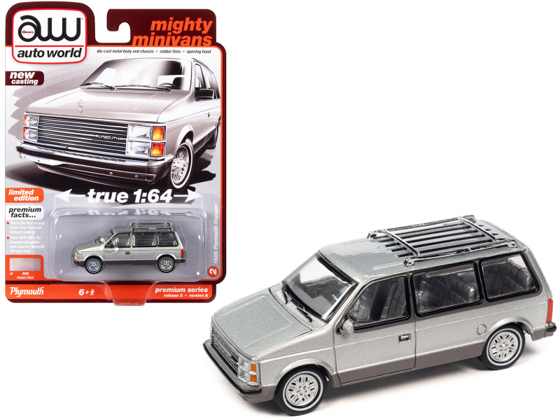1985 Plymouth Voyager Minivan Radiant Silver Metallic with Roofrack Mighty Minivans Limited Edition 1/64 Diecast Model Car Auto World 64402-AWSP129A