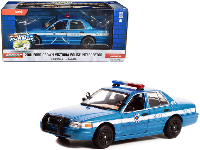 2001 Ford Crown Victoria Police Interceptor Blue Metallic Seattle Police Seattle, Washington Hot Pursuit Series 1/24 Diecast Model Car Greenlight GL85571