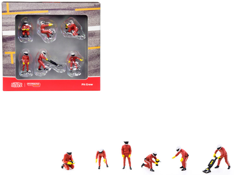 Pit Crew with Red Uniform 6 Piece Diecast Figure Set for 1/64 scale models Tarmac Works & American Diorama T64F-007-RED