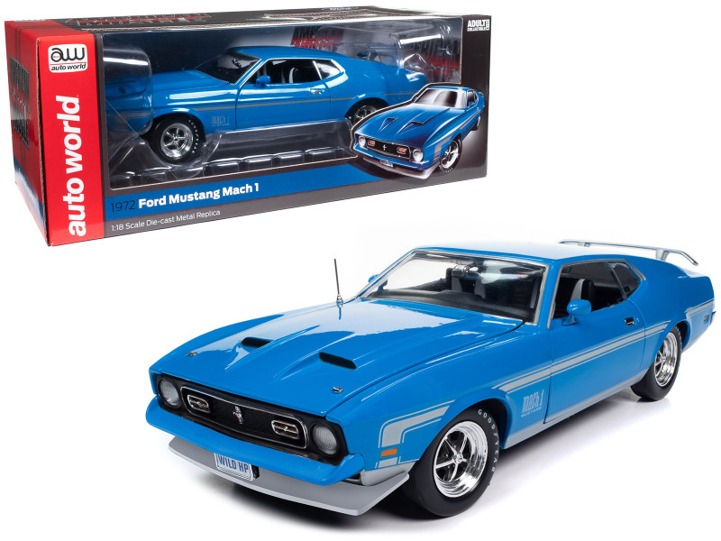 1972 Ford Mustang Mach 1 Grabber Blue with Silver Stripes American Muscle Series 1/18 Diecast Model Car Auto World AMM1314