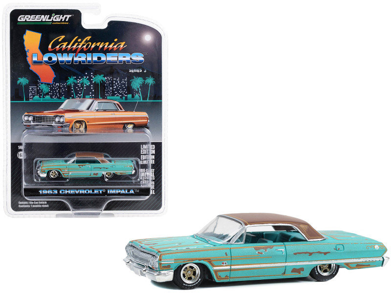 1963 Chevrolet Impala Lowrider Teal Patina Rusted with Brown Top and Teal Interior California Lowriders Series 3 1/64 Diecast Model Car Greenlight 63040B