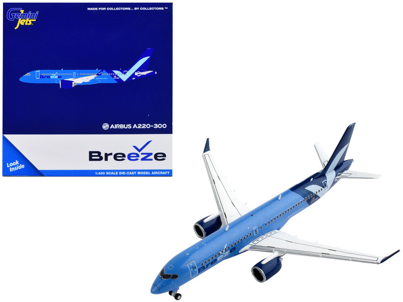 Airbus A220 300 Commercial Aircraft Breeze Airways Blue with White Wings 1/400 Diecast Model Airplane GeminiJets GJ2064