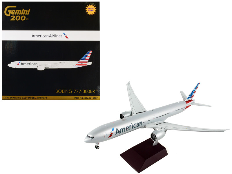Boeing 777 300ER Commercial Aircraft with Flaps Down American Airlines Silver Gemini 200 Series 1/200 Diecast Model Airplane GeminiJets G2AAL1076F
