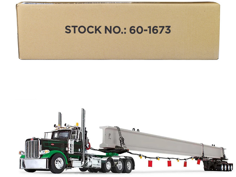 Peterbilt 389 Day Cab and ERMC 4 Axle Hydra Steer Trailer with Bridge Beam Section Load Black and Green 1/64 Diecast Model DCP/First Gear 60-1673