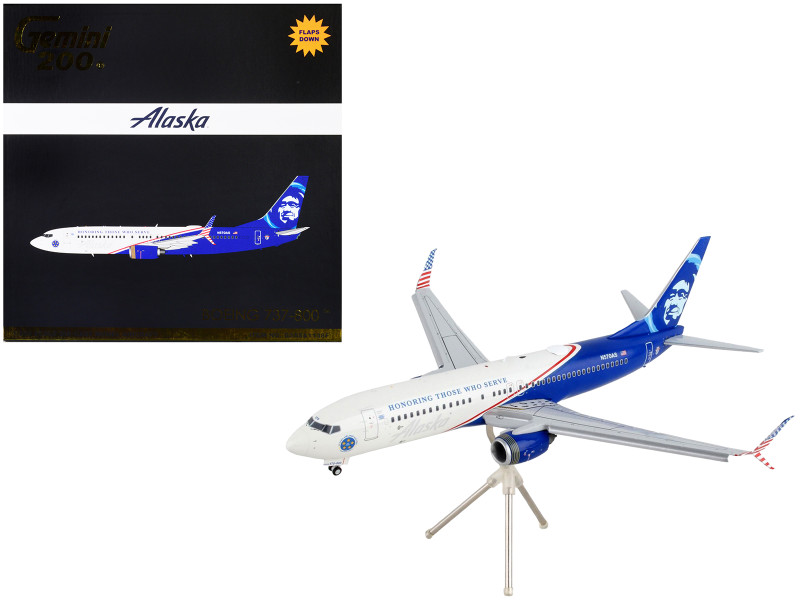Boeing 737 800 Commercial Aircraft with Flaps Down Alaska Airlines Honoring Those Who Serve White and Blue Gemini 200 Series 1/200 Diecast Model Airplane GeminiJets G2ASA1138F